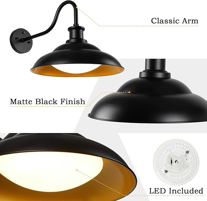LED Outdoor Barn Lights, 12 Inch Farmhouse Exterior Wall Light Fixtures with Adjustable Color Temperature, Black Porch Lights Outside for House, Outdoor & Indoor, Gold Interior, 1 Pack