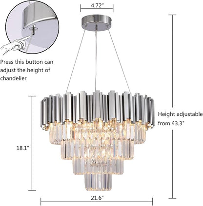 Chrome Crystal Chandelier, 7 Lights 4-Tier Modern Luxury Chandelier Lighting Fixture for Dining Room, Entryway, Bedroom, Round 21.6"