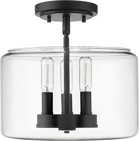 ML Lighting | Asheville Collection | 46923-MB | Metal 3-Light Semi-Flush in Matte Black with Clear Glass Shade | for Compact Spaces Close to Ceiling | Modern Design with an Heirloom Quality