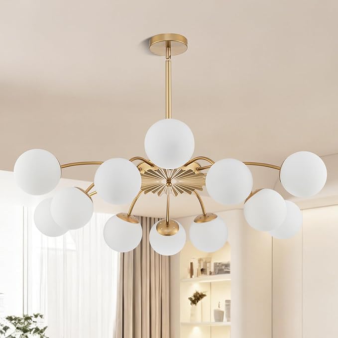 Longree 12-Light Gold and White Sputnik Chandeliers with Blossom Accent Opal Glass Bubble Pendant Light Fixture Mid Century Milk Glass Starburst Lighting for Dining Hallway Living
