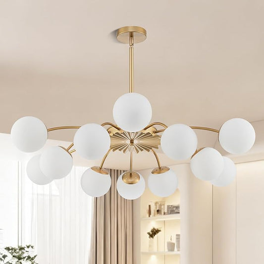 Longree 12-Light Gold and White Sputnik Chandeliers with Blossom Accent Opal Glass Bubble Pendant Light Fixture Mid Century Milk Glass Starburst Lighting for Dining Hallway Living