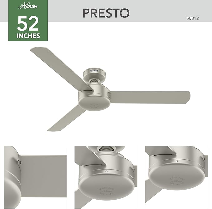 Hunter 52 inch Indoor Ceiling Fan No Light - Modern Ceiling Fan without Light, 3 Blades, Standard Mount, For Bedroom, Living Room, or Kitchen, Wall Control - Presto 50812, Matte Nickel
