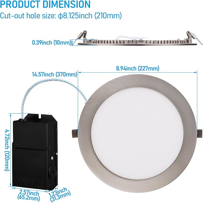 TORCHSTAR E-Lite Series 8 Inch Slim Recessed Lighting with J-Box, 18W Ultra-Thin LED Recessed Light, Dimmable Canless Downlight, ETL&ES Listed, CRI90, 2700K Soft White, Satin Nickel, Pack of 6