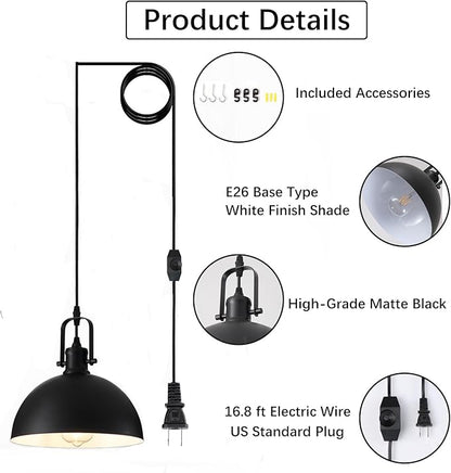 Plug in Pendant Light, Matte Black Haning Light with 19.68 ft Cord, Dimming Switch, Metal Farmhouse Hanging Lamps for Living Room, Kitchen, Dining Room, Bedroom 9.84"