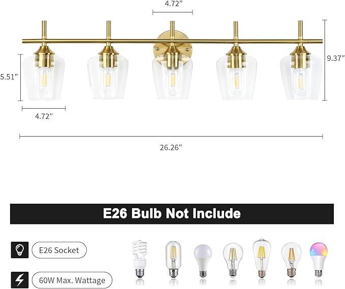 Bathroom Vanity Light, 5-Light Brushed Gold Modern Bathroom Light Fixtures with Clear Shades, Vanity Lighting Fixtures Over Mirror (Exclude Bulb)