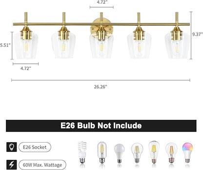 Bathroom Vanity Light, 5-Light Brushed Gold Modern Bathroom Light Fixtures with Clear Shades, Vanity Lighting Fixtures Over Mirror (Exclude Bulb)