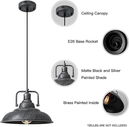 Black and Silver Pendant Light 12.5 inches 3 Packs, Farmhouse Pendant Light, Industrial Pendant Light, Kitchen Pendant Lights, Pendant Lights Kithen Island for Bedroom; Living Room; Kitchen