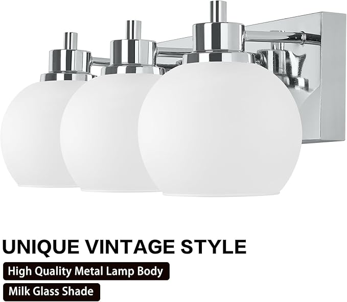 Tuscarora Chrome Vanity Light - 3 Light Bathroom Vanity Light with Milk Glass Shade, Over Mirror Lighting Fixture