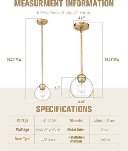 Emak Modern 7 Inch Globe Pendant Lights, Industrial Gold Pendant Light Fixtures, 1-Light Hanging Lights with Clear Glass Shade for Kitchen Island, Bedroom, Bathroom, Dining Room, Hallway, PL119-GD