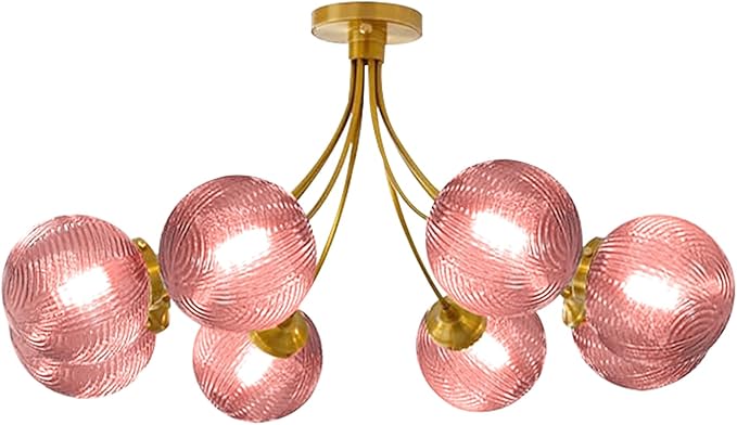 8-Light Sputnik Pink Chandelier Vintage Flush Mount Ceiling Light with Globe Glass Pendant Lights Gold Chandeliers for Dining Room Bedroom Living Room