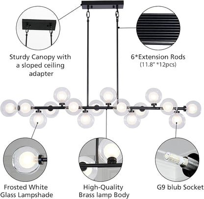 Chandeliers for Dining Room, Modern Globe Chandelier with 16 Double Glass Lampshades, Large Linear Sputnik Chandelier for Dining Room Kitchen Island - Black