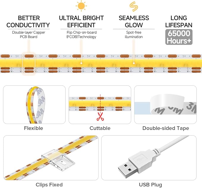 BTF-LIGHTING FCOB COB FOB LED Strip Lights 5V USB CCT 6.56FT 1280LEDs Tunable 2700K/4000K/6500K 10mm Width Dimmable 90+High CRI Flexible High Density for TV Backlight PC Bedroom Kitchen Home DIY Decor