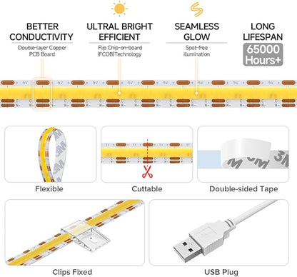 BTF-LIGHTING FCOB COB FOB LED Strip Lights 5V USB CCT 9.8FT 1920LEDs Tunable 2700K/4000K/6500K 10mm Width Dimmable 90+ High CRI Flexible High Density for TV Backlight PC Bedroom Kitchen Home DIY Decor