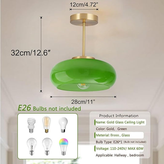 Green Glass Ceiling Light - Mid Century Modern Semi Flush Mount with Green Dome Glass Shade and Gold Brass Finish - Vintage Hallway Light Fixture Hallway Dining Room Kitchen Sink