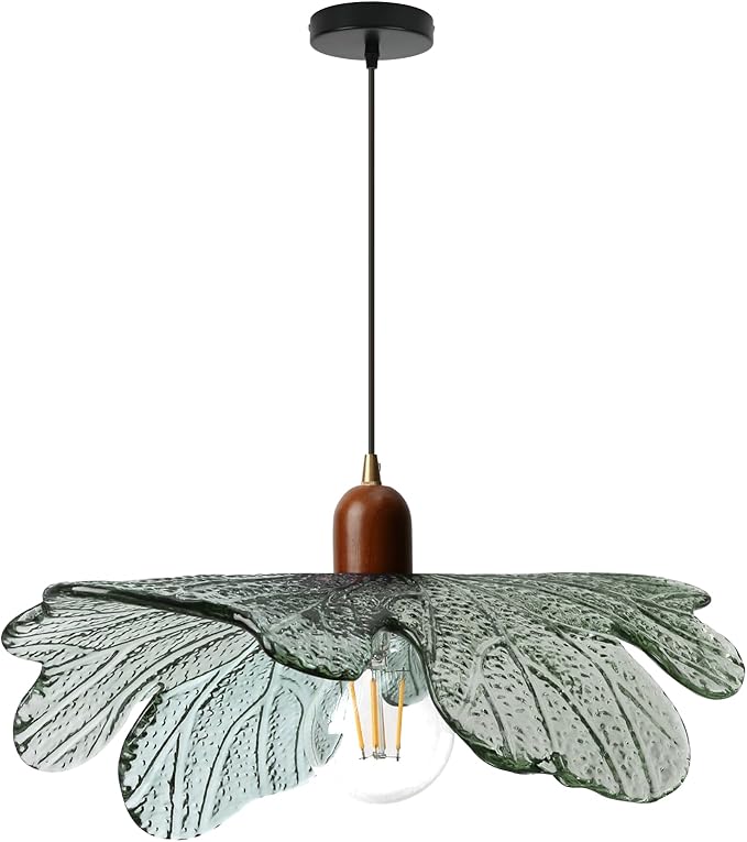Dark Green Glass Flower Pendant Light Fixture with Wood Accent, Adjustable 59" Cord Hanging Ceiling Lamp, Mid Century Modern Floral Swag Light for Kitchen Island Bedroom