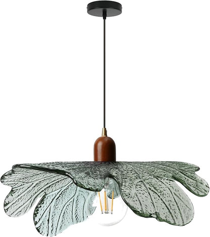 Dark Green Glass Flower Pendant Light Fixture with Wood Accent, Adjustable 59" Cord Hanging Ceiling Lamp, Mid Century Modern Floral Swag Light for Kitchen Island Bedroom