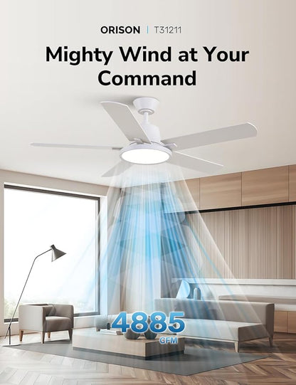 Orison Ceiling Fans with Lights, 52 inch Low Profile Ceiling Fan with RGB Backlight, Flush Mount Ceiling Fan with Remote and App Control,White Bedroom Fan, 6 Speeds, 3 Reversible Blades (White RGB)