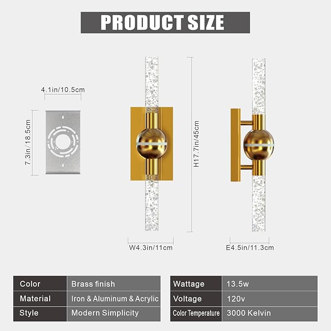 Wall Sconces Set of Two, Brushed Brass Modern Wall Sconce Indoor, 13W Dimmable LED Sconces Wall Lighting for Bathroom Bedroom Living Room Hallway (17.7inch,2 Pack)