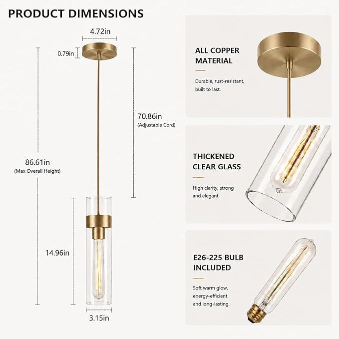 Modern Glass Brass Pendant Lights Kitchen Island, Adjustable Cord Pendant Light Fixtures, Kitchen Pendant Lighting Over Island, Indoor Chandelier for Bedroom Bathroom, Included Bulb