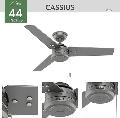 Hunter 44 inch Outdoor or Indoor Ceiling Fan No Light - Ceiling Fan without Light, For Patio, Porch, Garage, or Living Room, Standard Mount, 3 Blades, Pull Chain - Cassius 50256, Matte Silver