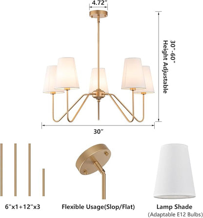 Brass Gold Chandeliers for Dining Room, 5-Light Modern Pendant Light Fixture Over Table with White Shade Farmhouse Lighting Fixtures for Living Room Bedroom Hallway Height Adjustable