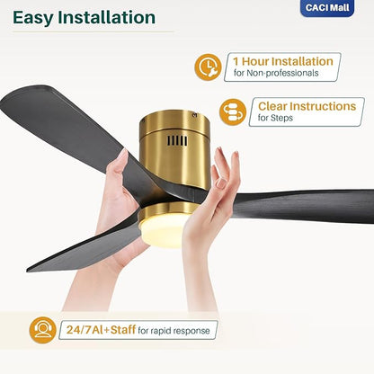 CACI Mall 52 Inch Wood Flush Mount Ceiling Fan with Lights, 3 Blades, Low Profile, Modern, 3CCT, Dimmable, Noiseless, Remote Contral, Outdoor Indoor Ceiling Fans for Bedroom/Farmhouse/Patio