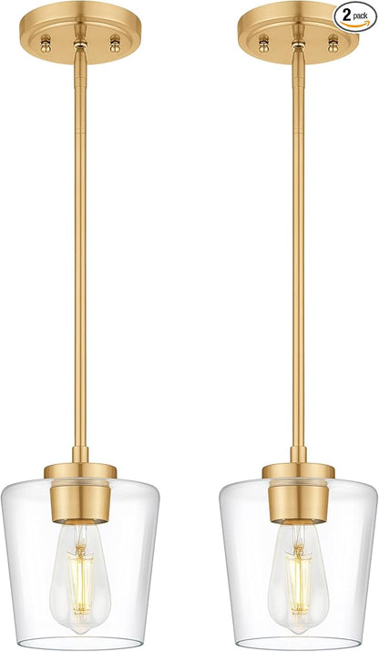 Pendant Lights Kitchen Island 2 Pack, 6" Brushed Gold Hanging Lights Fixtures with Clear Glass Shade, Modern Brass Kitchen Pendant Lighting Over Island for Dining Room, AD-22004-1P2-GD-C