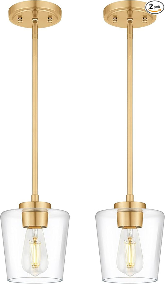 Pendant Lights Kitchen Island 2 Pack, 6" Brushed Gold Hanging Lights Fixtures with Clear Glass Shade, Modern Brass Kitchen Pendant Lighting Over Island for Dining Room, AD-22004-1P2-GD-C