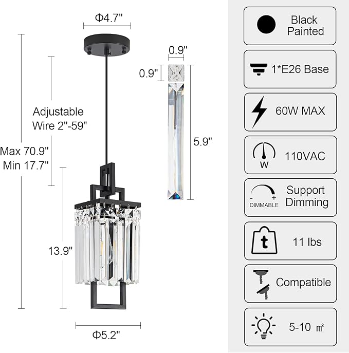 Modern Black Pendant Light Fixtures for Kitchen Island and Dining Room, Industrial Small Hanging Crystal Chandelier Light Fixture for Bedroom Entryway Living Room Foyer Hallway 1-Pack