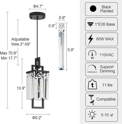 Modern Black Pendant Light Fixtures for Kitchen Island and Dining Room, Industrial Small Hanging Crystal Chandelier Light Fixture for Bedroom Entryway Living Room Foyer Hallway 1-Pack