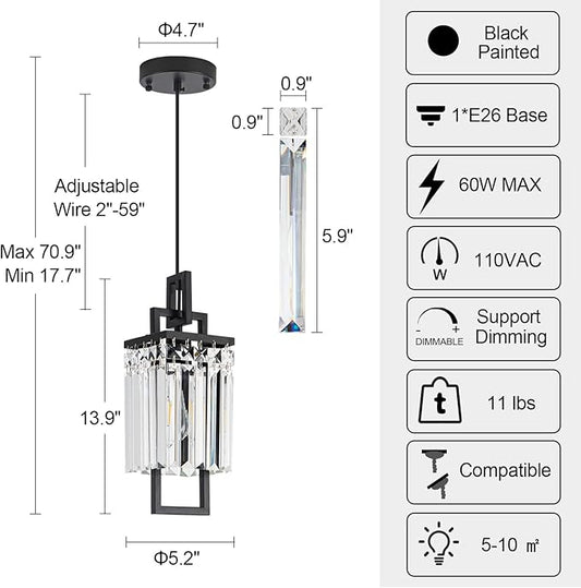 Modern Black Pendant Light Fixtures for Kitchen Island and Dining Room, Industrial Small Hanging Crystal Chandelier Light Fixture for Bedroom Entryway Living Room Foyer Hallway 1-Pack
