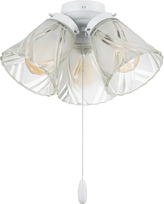Aspen Creative 22013-3, Three-Light Ceiling Fan Light Kit with Pull Chain, Matte White Finish with Frosted and Clear Glass Shades, 14" Diameter x 7-3/8" Height