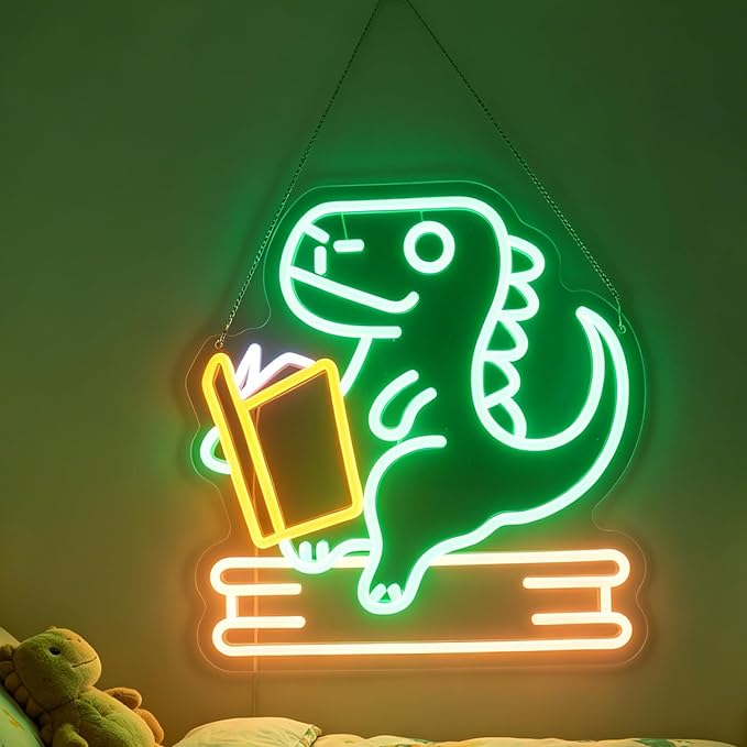 Reading Dinosaur Neon Sign, Book Lover Led Neon Light, Bookish LED Sign, Bookworm Reading Club Light, Kid's Room Decor, Game Room Wall Art, Christmas & Birthday Gifts