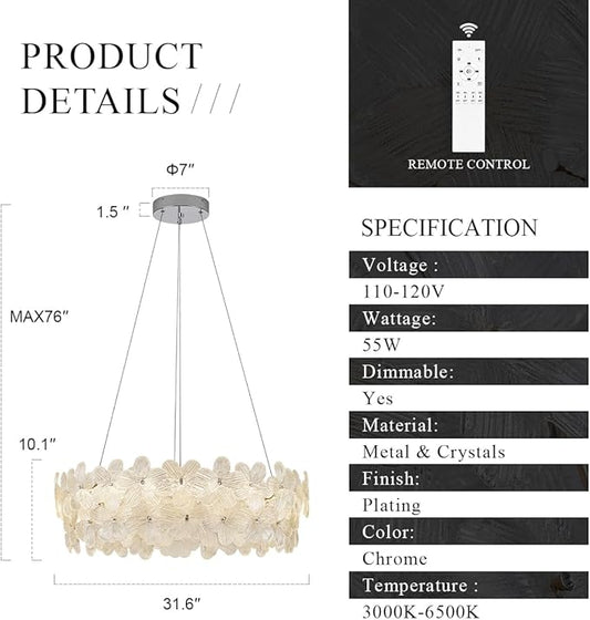 32'' Flower LED Chandelier Large Luxury Crystal Light Fixture Chrome Dimmable Modern Chandeliers Light with Remote Control for High Ceiling Foyer Living Room Bedroom Entryway(3000K-6500K)