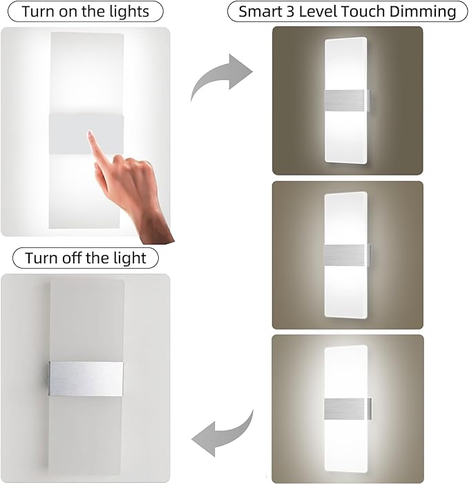 MEHIDFY Wall Sconces Sets of 2, Dimmable Touch Control Wall Lamp, Rechargeable LED Wall Sconces, Battery Operated Wall Lights, Bedside Lamp, Reading Light Bedroom with 4 Brightness (White)