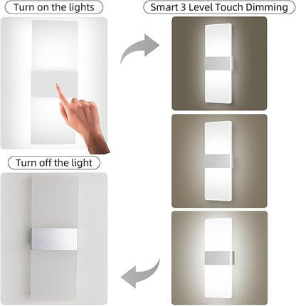 MEHIDFY Wall Sconces Sets of 2, Dimmable Touch Control Wall Lamp, Rechargeable LED Wall Sconces, Battery Operated Wall Lights, Bedside Lamp, Reading Light Bedroom with 4 Brightness (White)