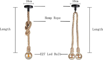 2 Head 2.5 Meter Hemp Rope Vintage Ceiling Pendant Light Lamp Fixture E26/E31 Base,Retro Style for Dining Hall Restaurant Bar Lighting(Bulb not Included)