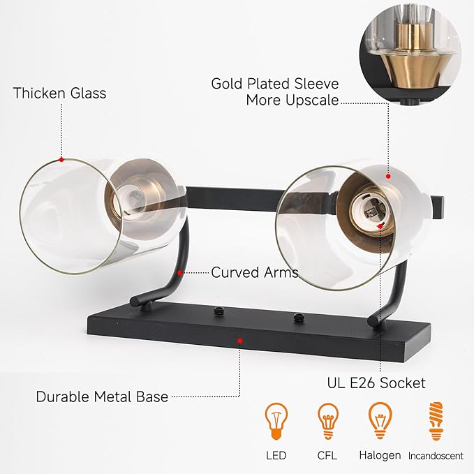Bathroom Light fixtures, Black Gold Vanity Light, Black and Gold Wall Light Fixture with Clear Glass Shade,Modern Wall Lights for Mirror,Living Room (1, 2 Light)