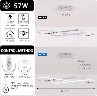 Led Chandeliers for Dining Room,Modern Led Pendant Light Fixture, Dimmable Adjustable Height Music Note Shape Hanging Lamp with Remote Control White Iron Ceiling Light Fixture for Kitchen Island