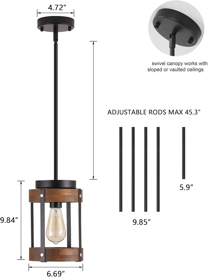 2 Pack Rustic Farmhouse Wood Pendant Light Fixture One-Light Adjustable Rods Oak Wood and Metal Drum Cage Small Pendant Lighting for Kitchen Island Sink Hallway Bathroom Bar Farmhouse, Black