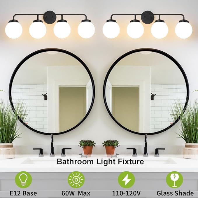 Bathroom Light Fixtures Over Mirror, 4-Light Matte Black Vanity Lighting with Milk White Glass Globe Shades Modern Wall Sconce