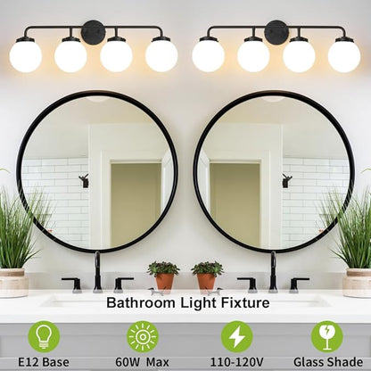 Bathroom Light Fixtures Over Mirror, 4-Light Matte Black Vanity Lighting with Milk White Glass Globe Shades Modern Wall Sconce