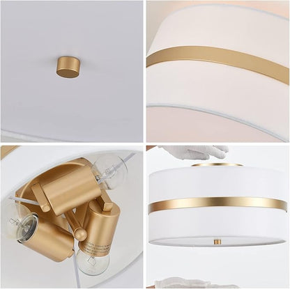 Semi Flush Mount Ceiling Light Fixture, Thin Pale Gold Brush Paint Finish Modern Ceiling Lamp with Cream White Fabric Drum Shade for Nursery Kids Room Bedroom Kitchen Hallway Entryway 3-Light