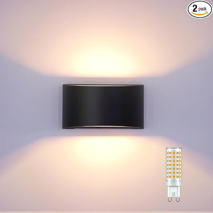 KICAAO Modern LED Wall Sconce,Warm White 3000K,Hardwired Indoor Wall Lights Set of 2 Up and Down Wall Mount Light for Living Room Bedroom Hallway Corridor Conservatory(with G9 Bulbs) (Black-1PCS)