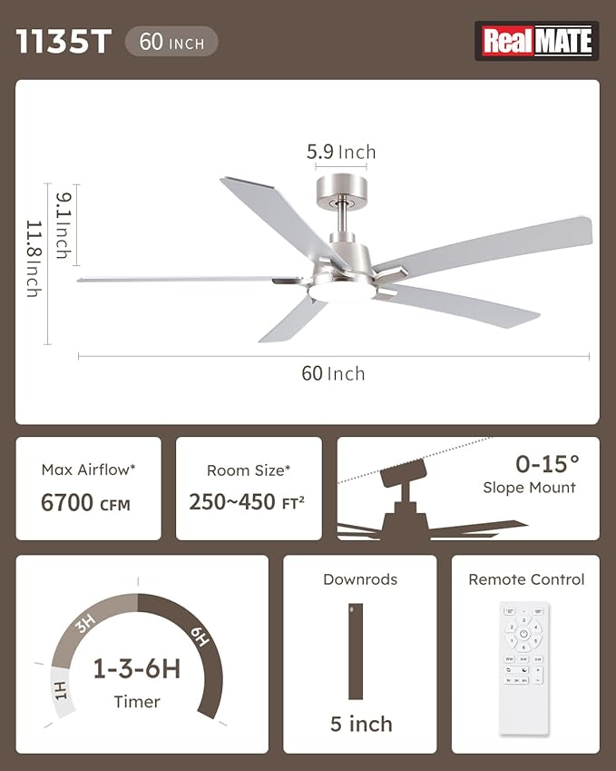60 Inch Ceiling Fans with Lights and Remote, Brushed Nickel Ceiling Fan, 5 Blades, Modern Design For Indoor Bedroom Living Room/Outdoor, 6 Speed Reversible DC Motor, 3CCT Dimmable LED Includes Downrod