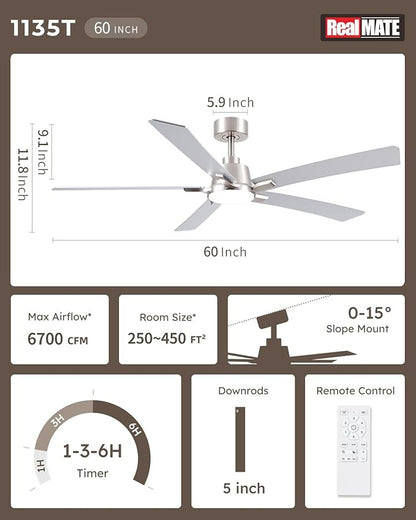60 Inch Ceiling Fans with Lights and Remote, Brushed Nickel Ceiling Fan, 5 Blades, Modern Design For Indoor Bedroom Living Room/Outdoor, 6 Speed Reversible DC Motor, 3CCT Dimmable LED Includes Downrod
