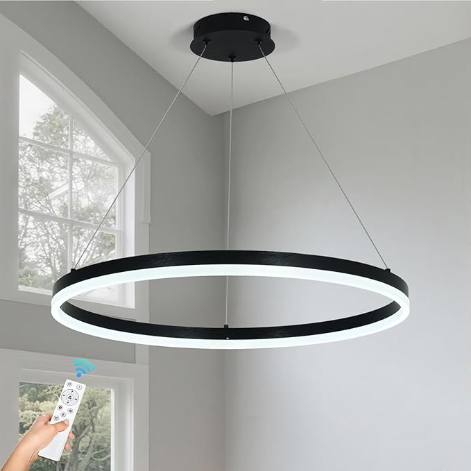 Modern LED Chandelier Black High Ceiling Ring Chandeliers with Remote Control Circular Pendant Light Dimmable for Dining Room Living Room Bedroom Hallway Kitchen Island(3000K-6500K D23.6)
