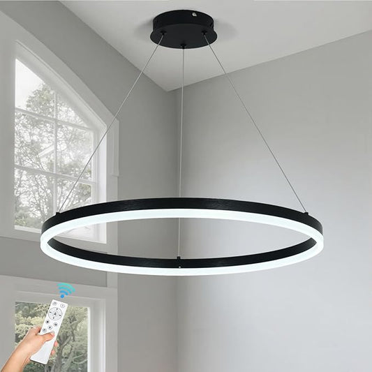 Modern LED Chandelier Black High Ceiling Ring Chandeliers with Remote Control Circular Pendant Light Dimmable for Dining Room Living Room Bedroom Hallway Kitchen Island(3000K-6500K D23.6)