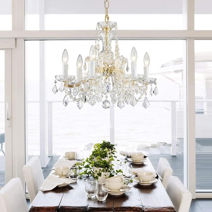 AGV LIGHTING Modern Chandelier Light Fixture, Crystal Pendant Raindrop Chandelier, Maria Theresa Brass Crystals Chandelier with 6-Lights, D20 X H18, Adjustable Chain Max 39"