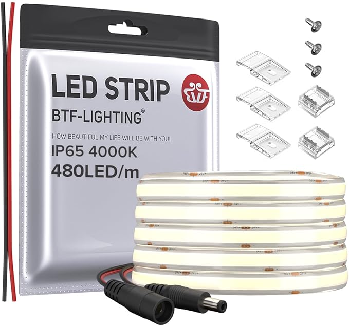 BTF-LIGHTING FCOB COB LED Strip IP65 480LED/m Flexible High Density Uniform Light 9W/m 16.4FT DC24V Natural White 4000K CRI 90+ 8mm Width for Home Indoor Decor(No Adapter or Controller)